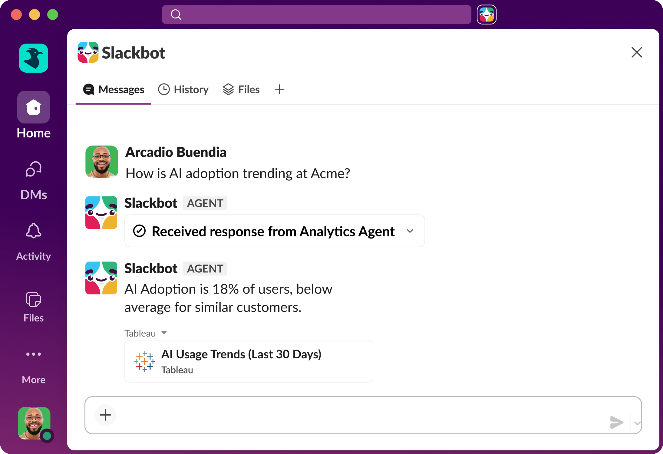 Slack UI displays an AI answer to a search query.