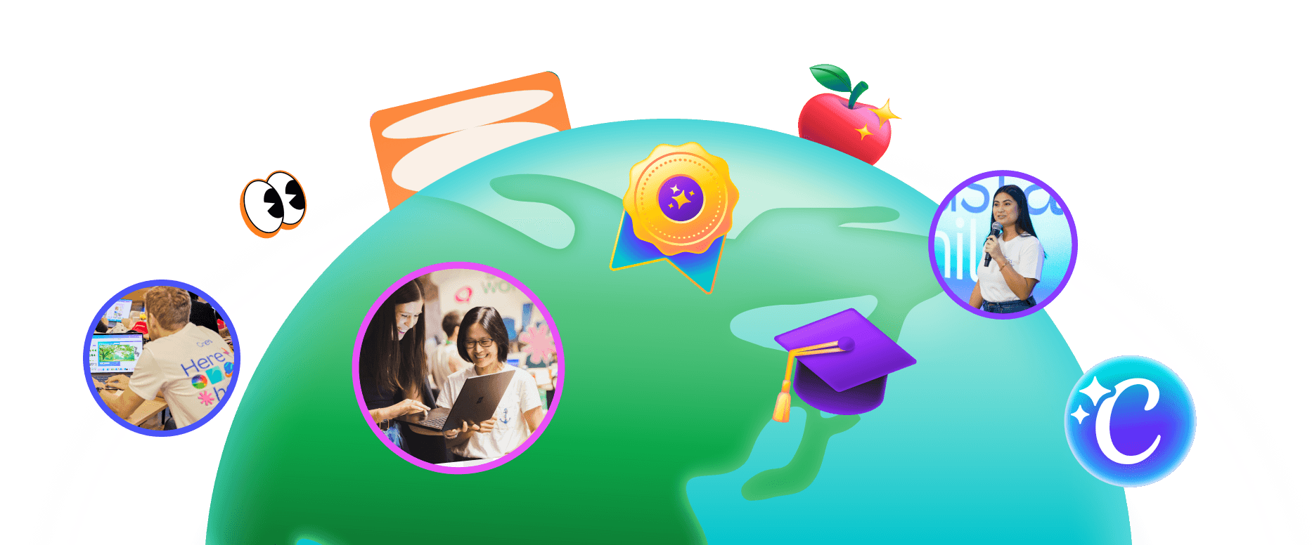 Illustration of a globe surrounded by colourful education and creativity icons, with circular photos of people learning,