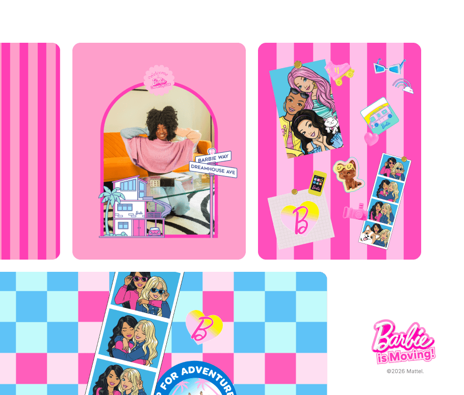 Pink Barbie-themed collage featuring a smiling woman, cartoon friends, stickers, and Dreamhouse graphics